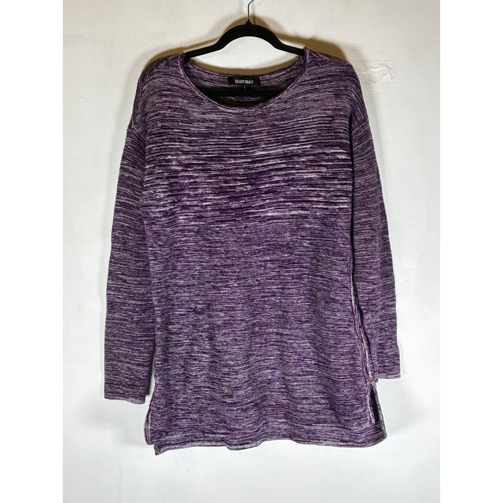 Marled Purple Cotton Blend Sweater Long Sleeve Crew Neck Soft Side Slit Pullover